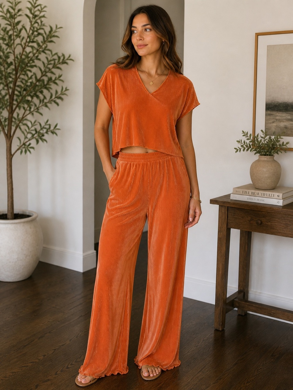 Two-Piece Ribbed Silky Polyester Set in Rust Copper L - Picture 2 of 7